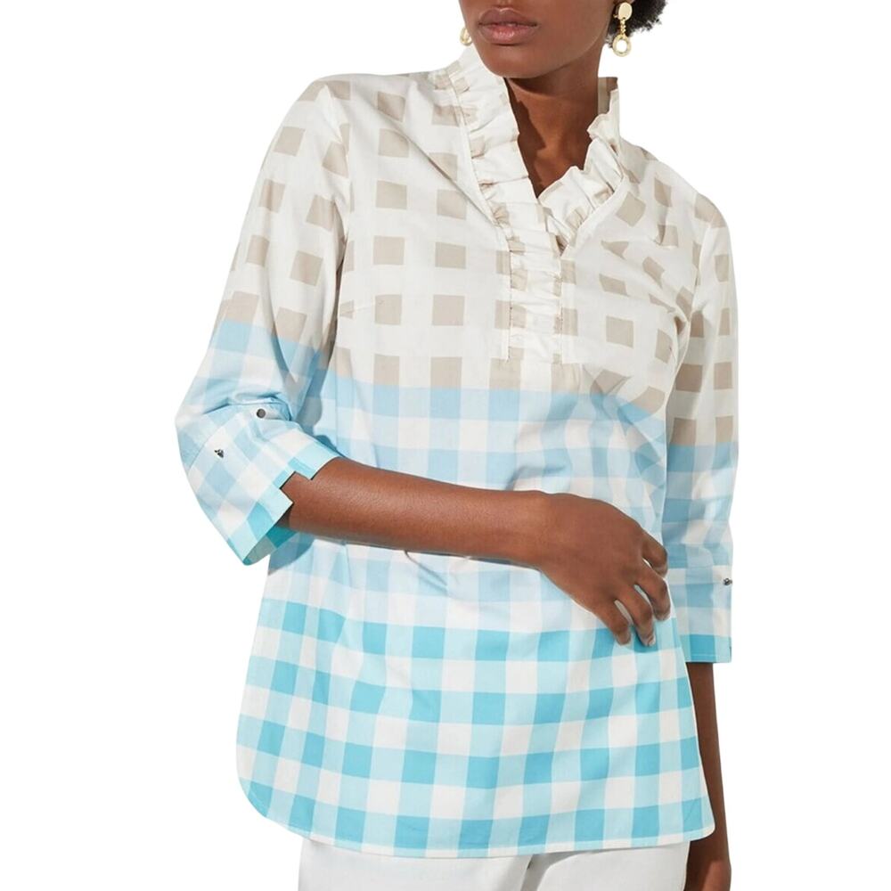 Ming Wang $328 Ruffled Cotton Gingham Ruffled Ombre Blouse Size M